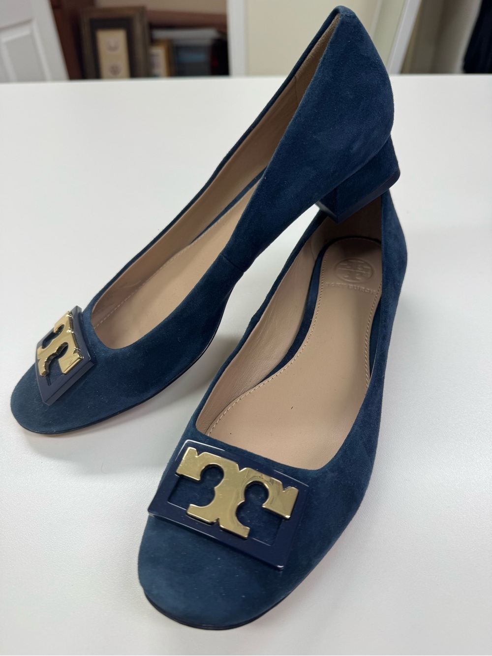 Tory Burch Navy Suede Low Block Heel Pumps with Gold Logo